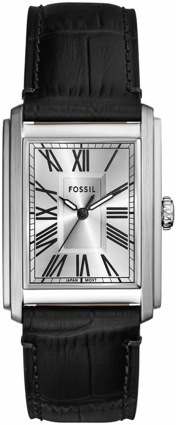 Fossil Carraway FS6078 - Orologio uomo al quarzo tre lancette - Cassa rettangolare 30 mm con quadrante argento - Cinturino nero in pelle 22 mm