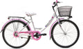 MADICKS bicicletta da città per bambina - ruote 24 pollici e telaio in lega di acciaio - colore bianco e rosa - cestino floreale e trasmissione singola