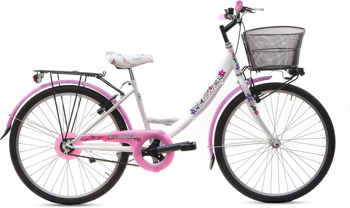 MADICKS bicicletta da città per bambina - ruote 24 pollici e telaio in lega di acciaio - colore bianco e rosa - cestino floreale e trasmissione singola