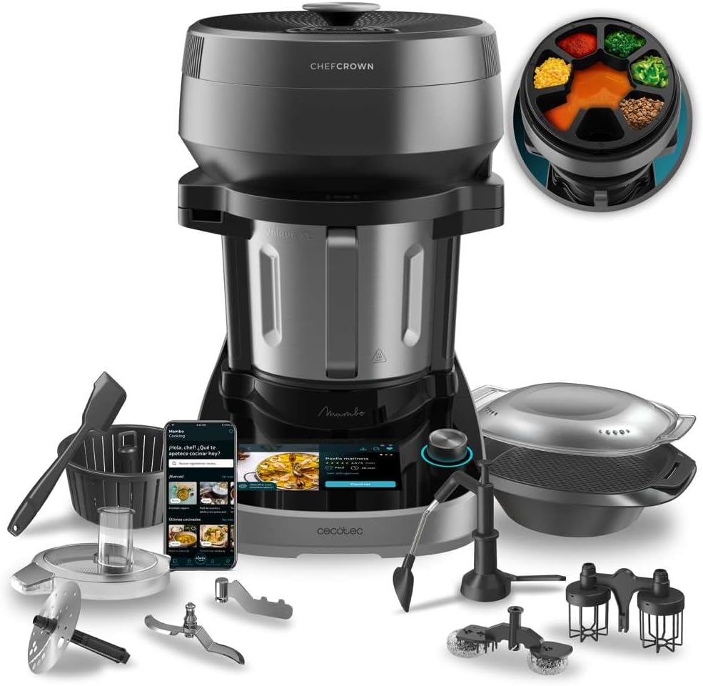 Cecotec Mambo CooKing Unique - Robot da Cucina Multifunzione 2200 W con 45 Funzioni - Brocca da 5 Litri e Dispenser Alimentare - Ricette Guidate e Accessori