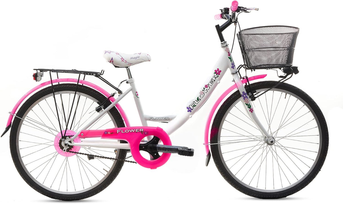 MADICKS bici da città per bambina - ruote 24 pollici e telaio in lega di acciaio - bianca e rosa - con cestino campanello e cavalletto