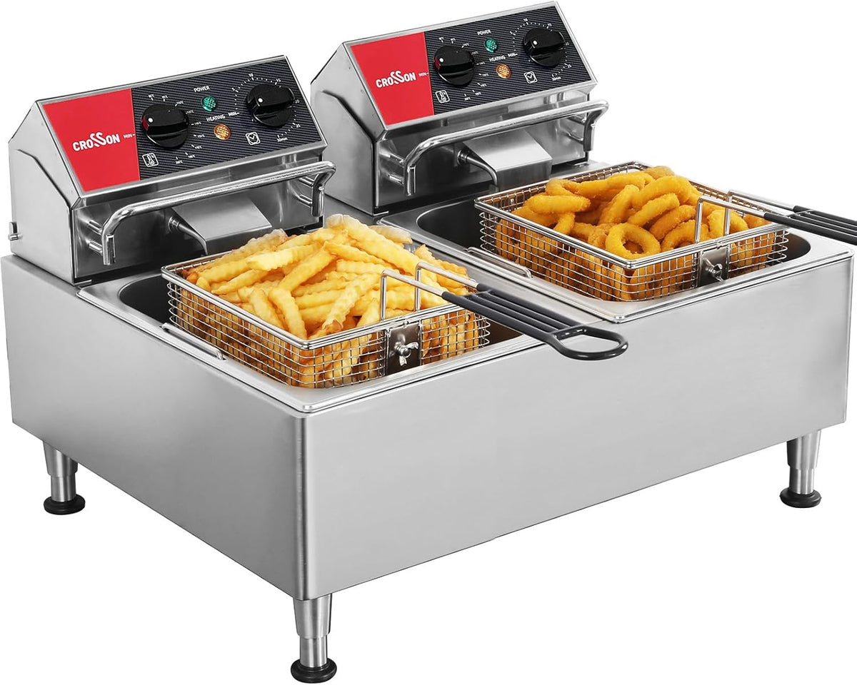 CROSSON Friggitrice Elettrica Commerciale 12 Litri - Doppia Vasca Rimovibile in Metallo - Potenza 6000 W - Cestello Coperchio e Riscaldamento Rapido