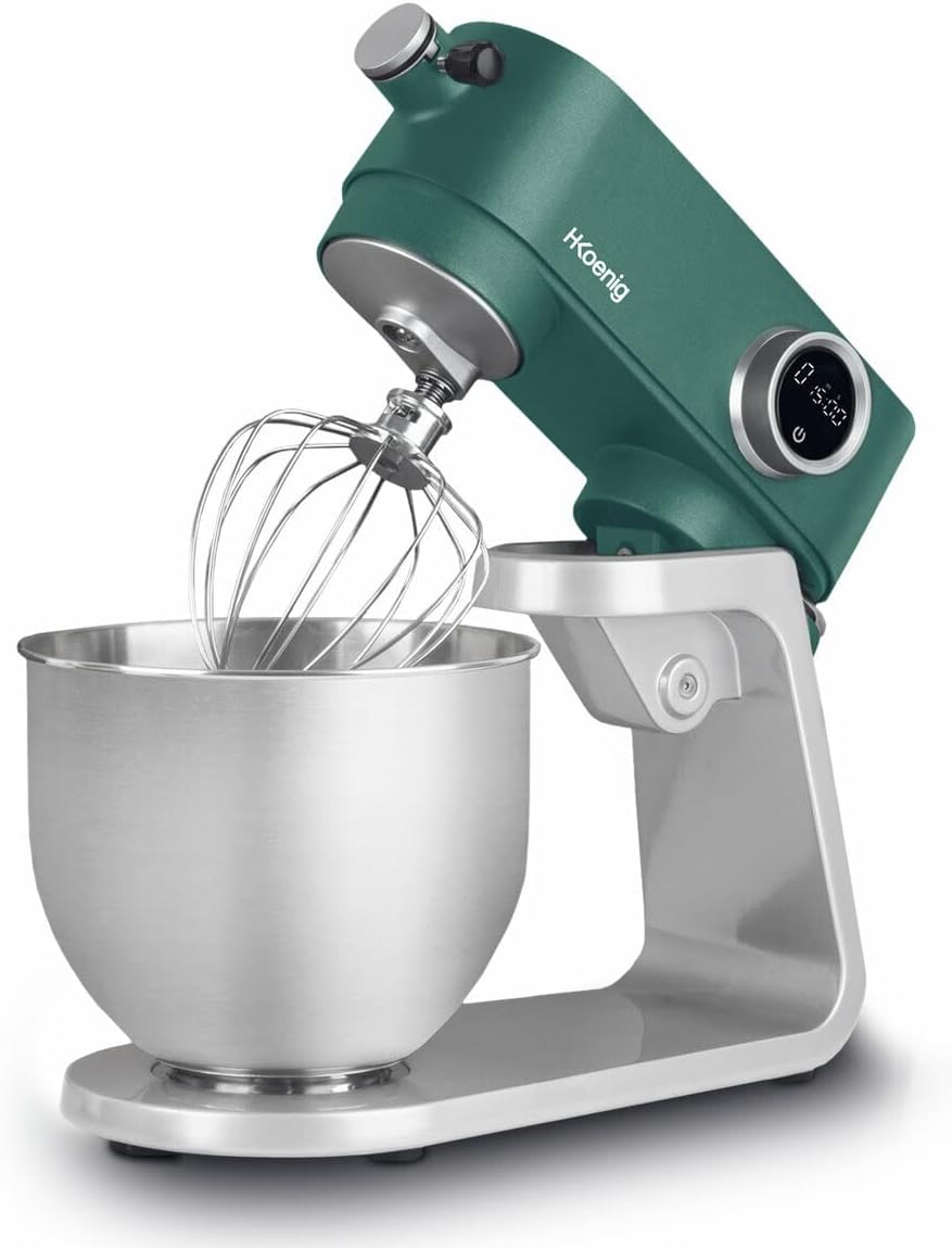 H.Koenig KM128 Planetaria Multifunzione - Motore 800 W con 8 Velocità - Ciotola da 5 Litri in Acciaio Inox Verde - Frusta Mixer Gancio e Coperchio Antischizzo