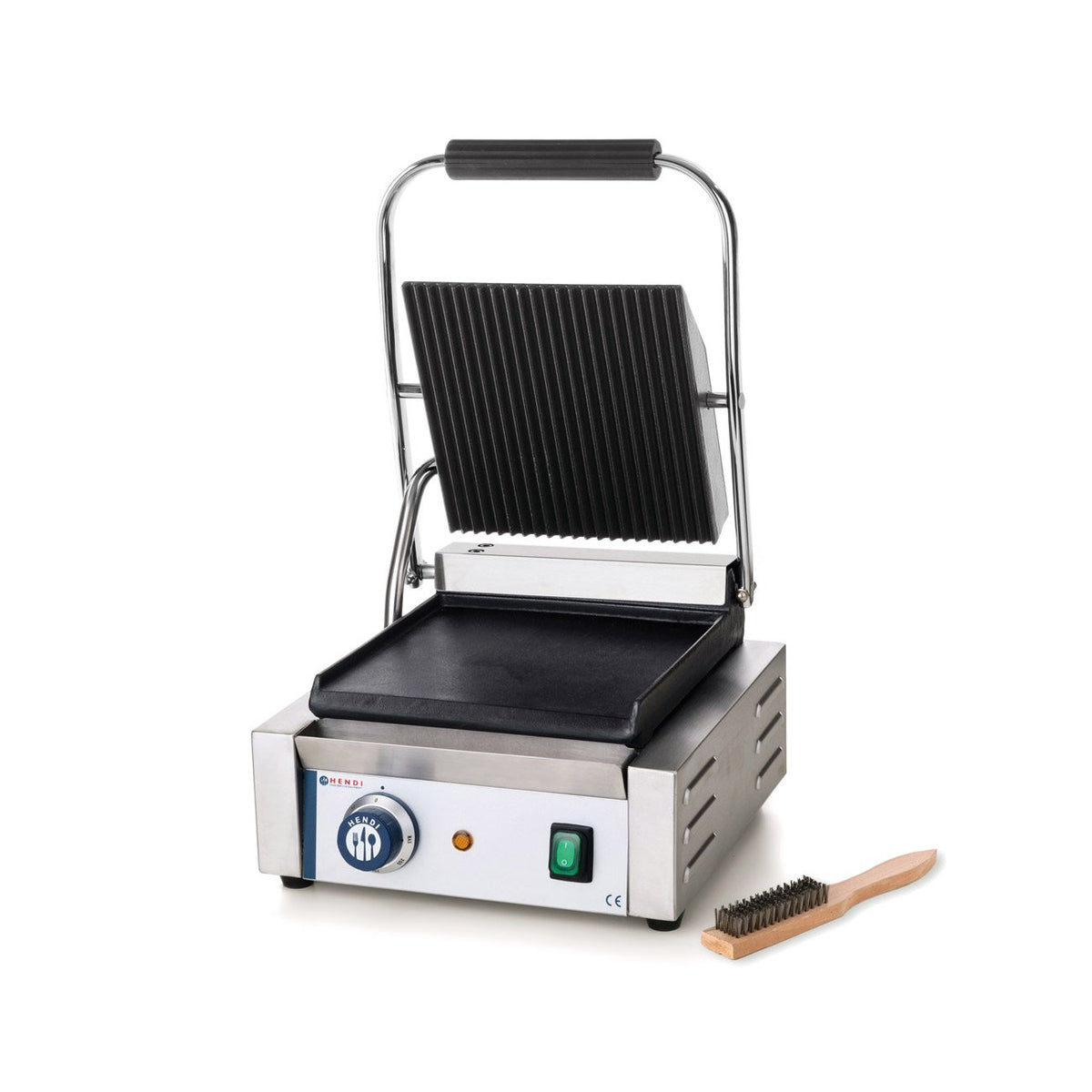HENDI Piastra a Contatto Professionale 1800 W - Grill Panini in Acciaio Inox - Piastre Liscia e Rigata in Ghisa Smaltata - Controllo Temperatura 230 V