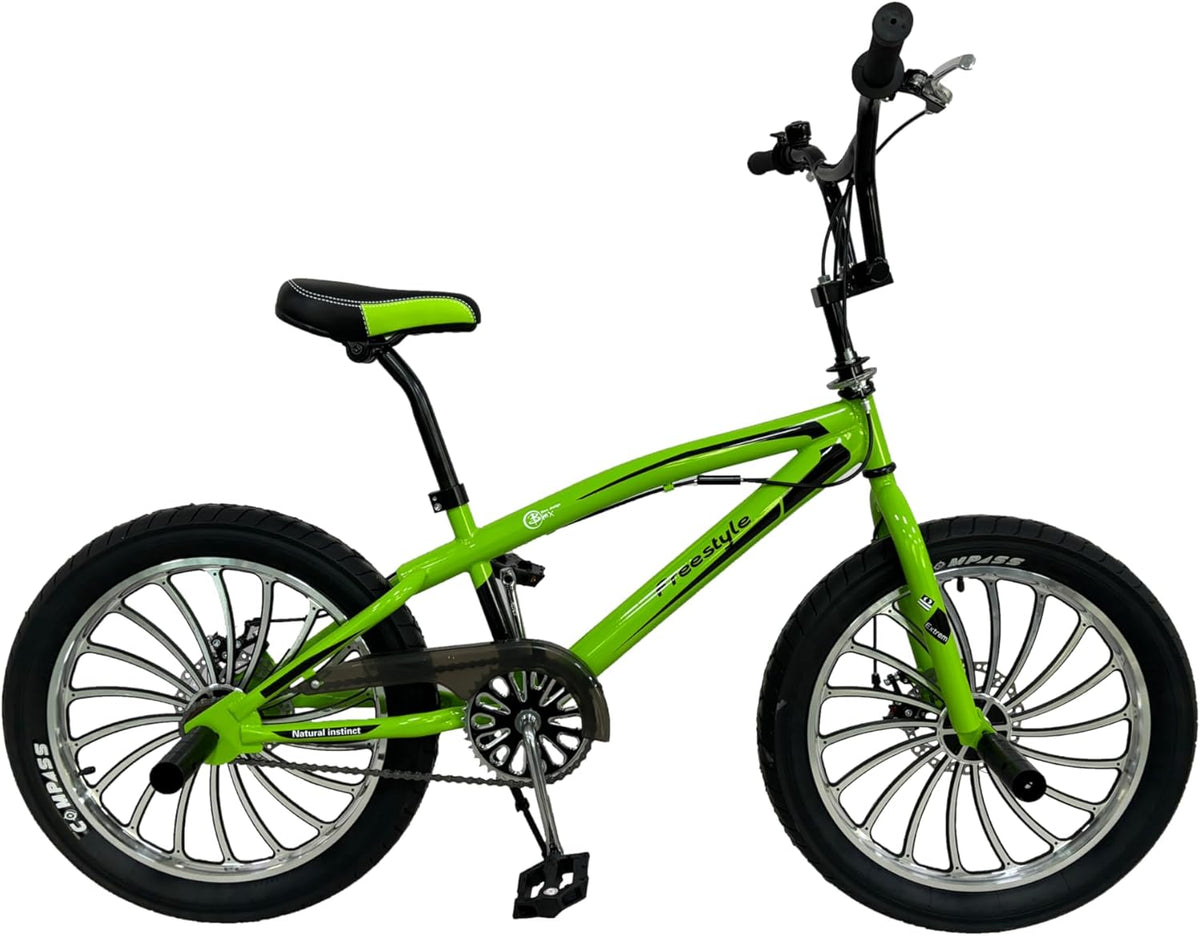 Bici BMX Freestyle 20 pollici verde - telaio in acciaio ad alto tenore di carbonio - rotore manubrio 360 gradi e cerchi in lega - freni a disco per ragazzi dai 7 anni
