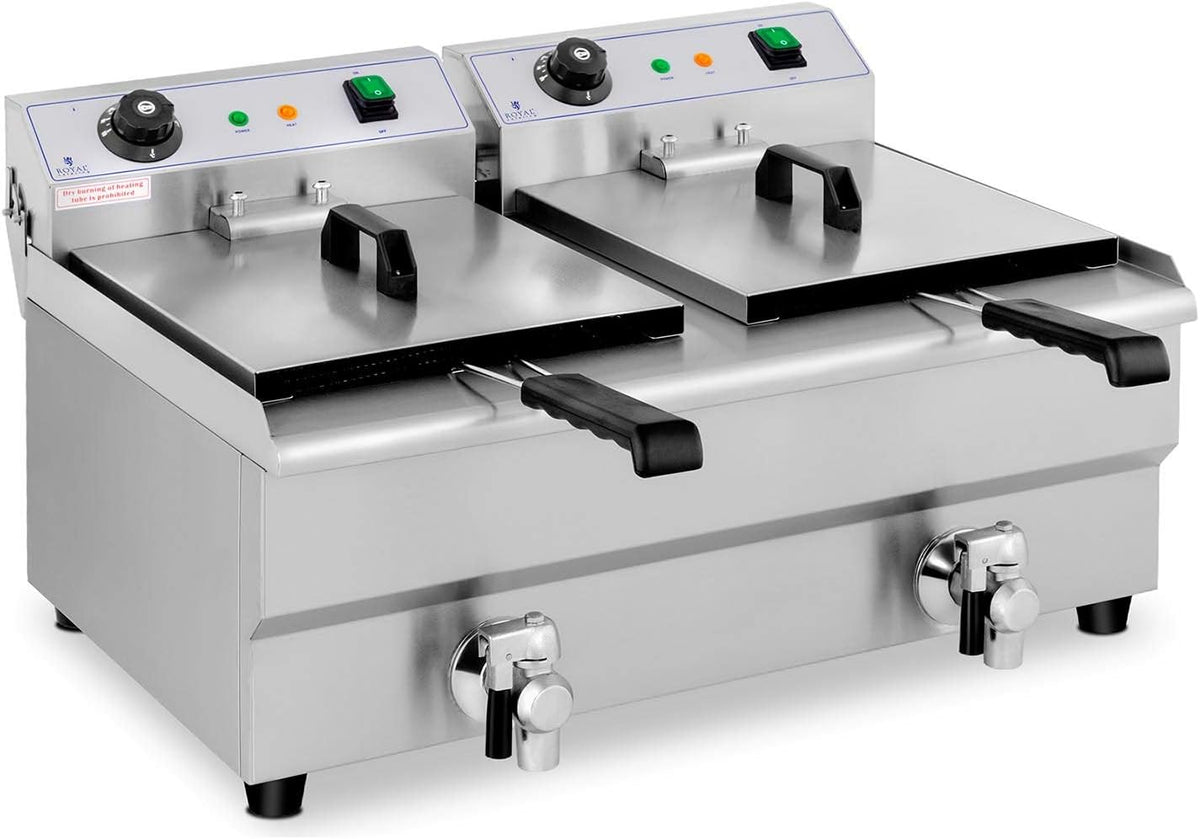 Royal Catering RCEF 13DB - Friggitrice elettrica doppia 2 x 13 L - Potenza totale 6400 W a 230 V - Acciaio inox con rubinetti di scarico