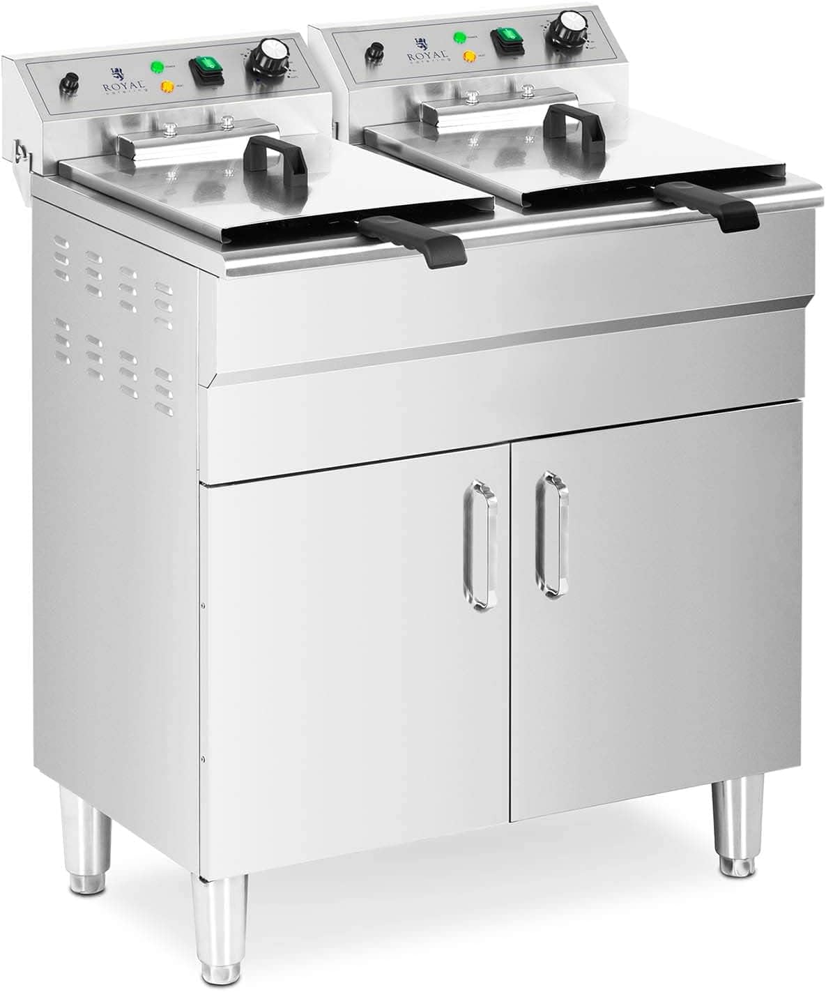 Royal Catering RCPKF 26DSH - Friggitrice elettrica doppia con mobiletto 2 x 16 L - Potenza totale 10000 W a 400 V - Temperatura da 60 a 200 C