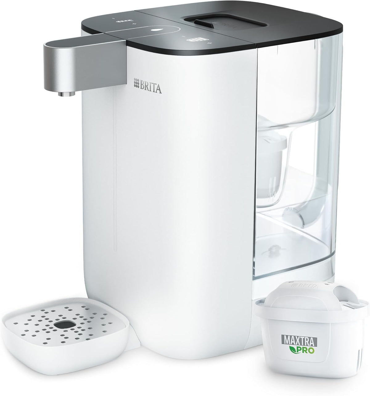 BRITA Distributore Acqua Cubo - Capacità 4 Litri con Tecnologia UV-C - Regolazione Temperatura e Volume Tazza - Cartuccia Filtrante Maxtra Pro e Pulizia Automatica