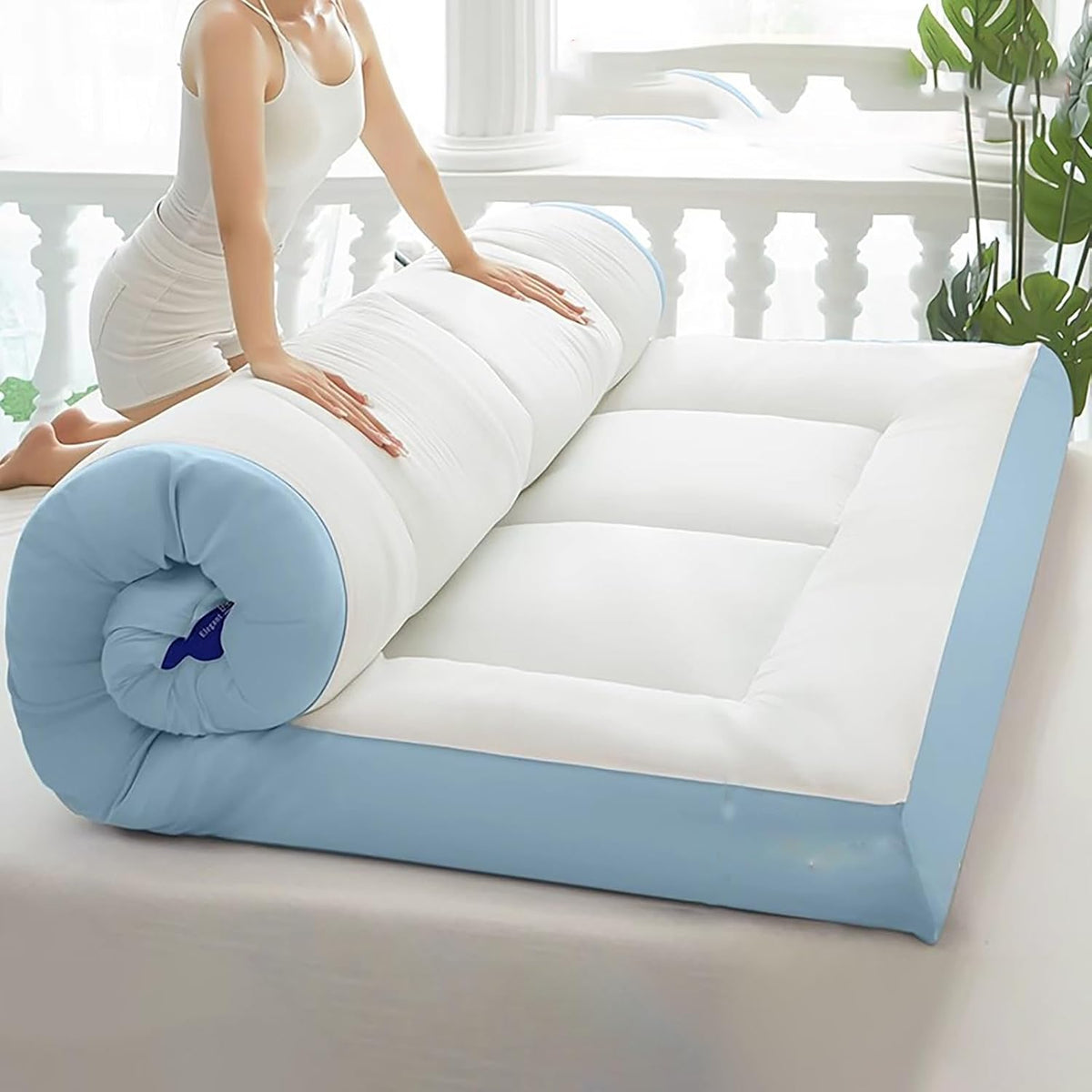 Materassino giapponese arrotolabile blu 180 x 200 x 10 cm - letto da pavimento portatile - superficie per campeggio e casa - per soggiorno riposo e uso esterno