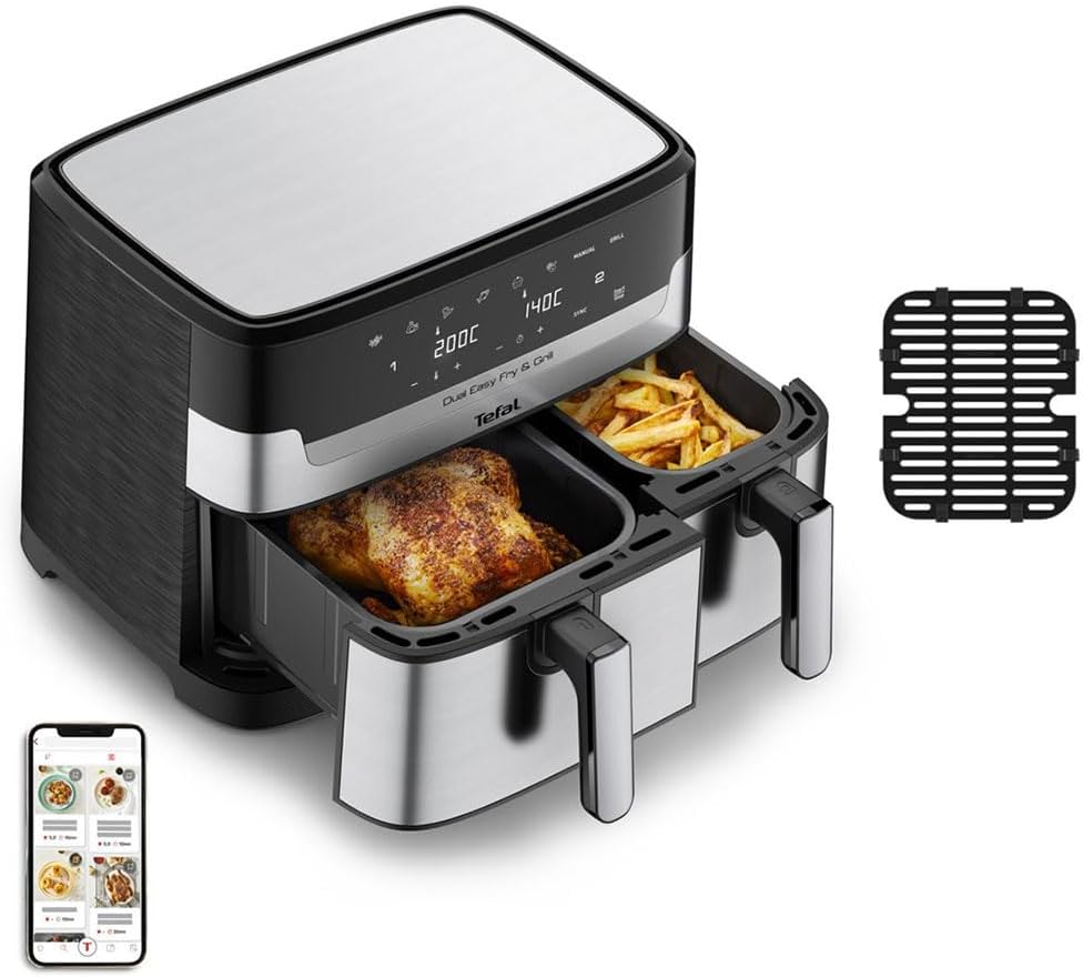 Tefal Dual Easy Fry e Grill EY905D - Friggitrice ad Aria e Grill 8,3 Litri - Acciaio Inossidabile Nero e Argento - Zone di Cottura Doppie