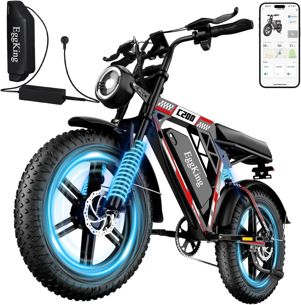 Bici elettrica FAT 20 x 4 per adulti - batteria removibile 48 V 17,5 o 25 Ah - doppia sospensione e cambio 7 velocità - display APP luci e freni a doppio disco