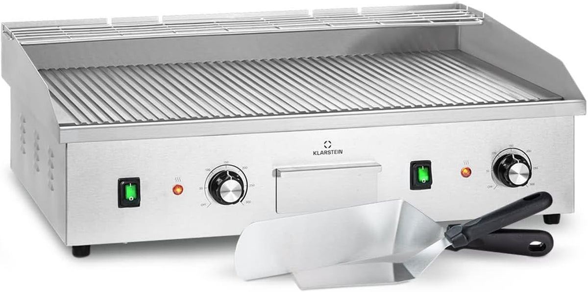 Klarstein Barbecue elettrico - Griglia senza fumo con display LED - Bistecchiera in acciaio inox argento - Piastra elettrica con 2 spatole