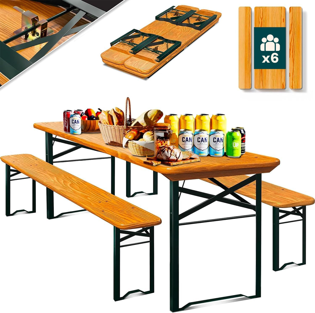 Set tavolo e panche Avilia pieghevole - legno laccato e struttura in ferro - dimensioni 180 x 75 x 74 cm - per giardino picnic e feste