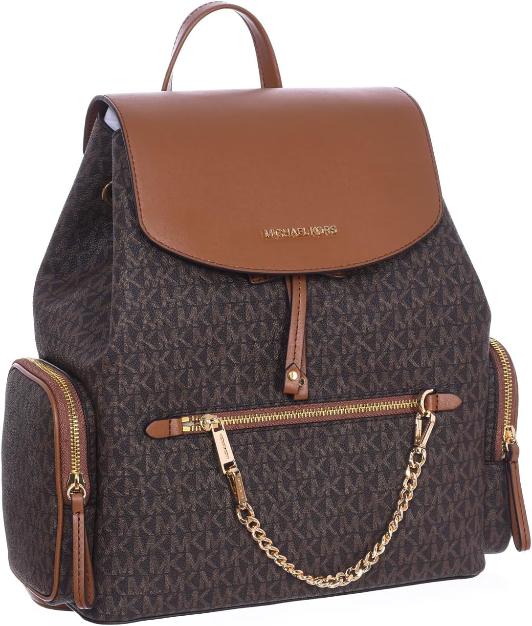 Michael Kors Jet Set Large Signature - Zaino Donna in PVC Marrone - Flap con Catena - Backpack Grande per Uso Quotidiano