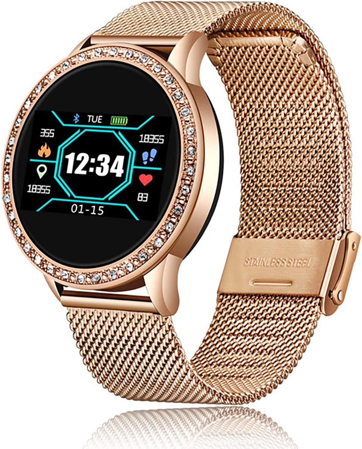 KNN Smartwatch donna - Orologio intelligente con cardiofrequenzimetro e contapassi - Cinturino color oro - Bluetooth compatibile Android e iOS