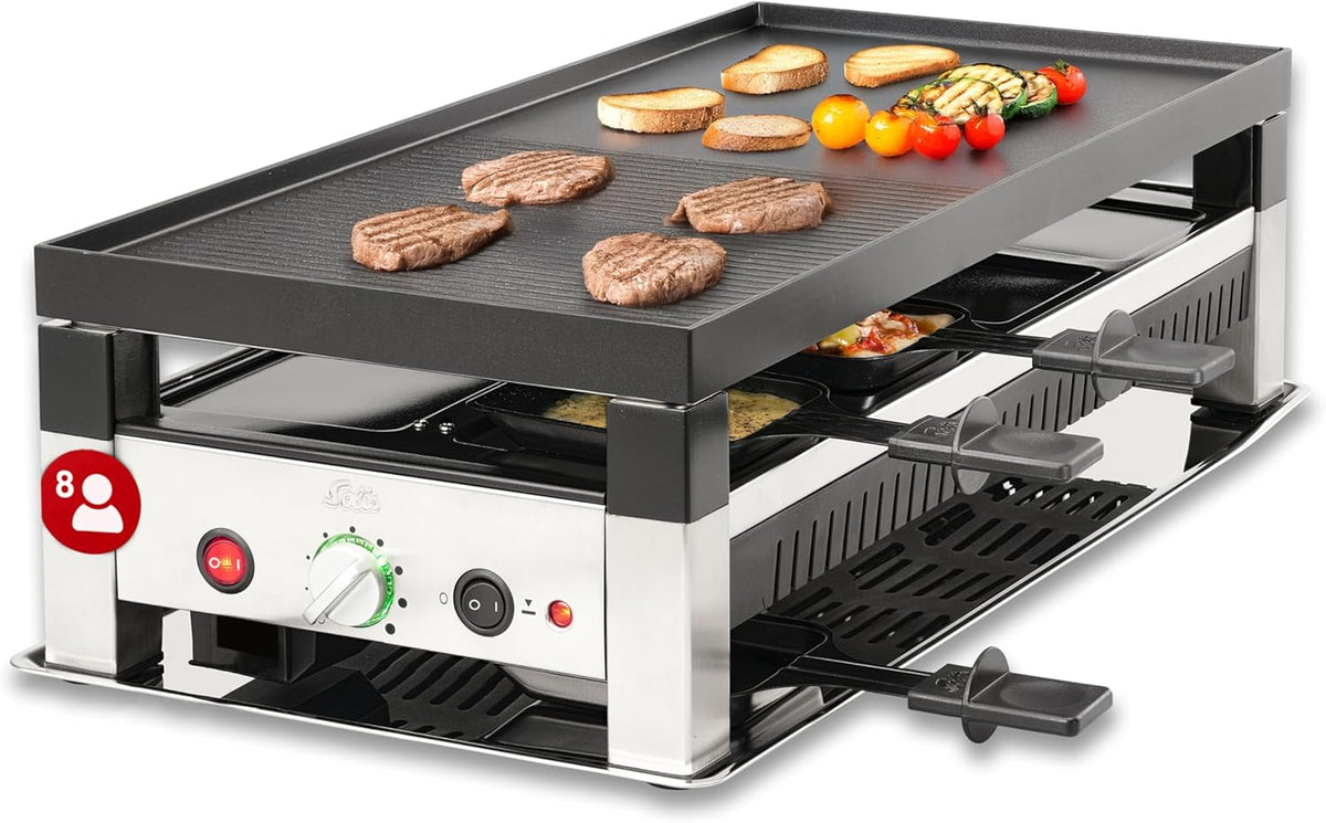 Solis 5 in 1 Table Grill - Raclette elettrica per 8 persone - Grill mini wok mini pizza e frittelle - Potenza 1400 W con 5 impostazioni