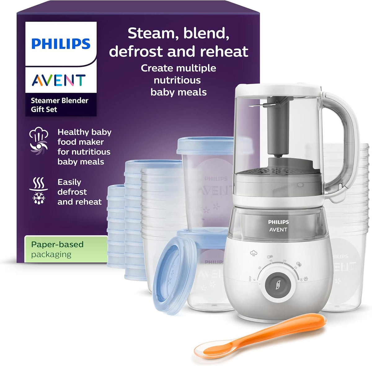 Philips Avent EasyPappa 4 in 1 SCF883-20 - Cuocipappa 400 W con Funzione Vapore - Frulla Scongela e Riscalda - Set con Vasetti e Coperchi