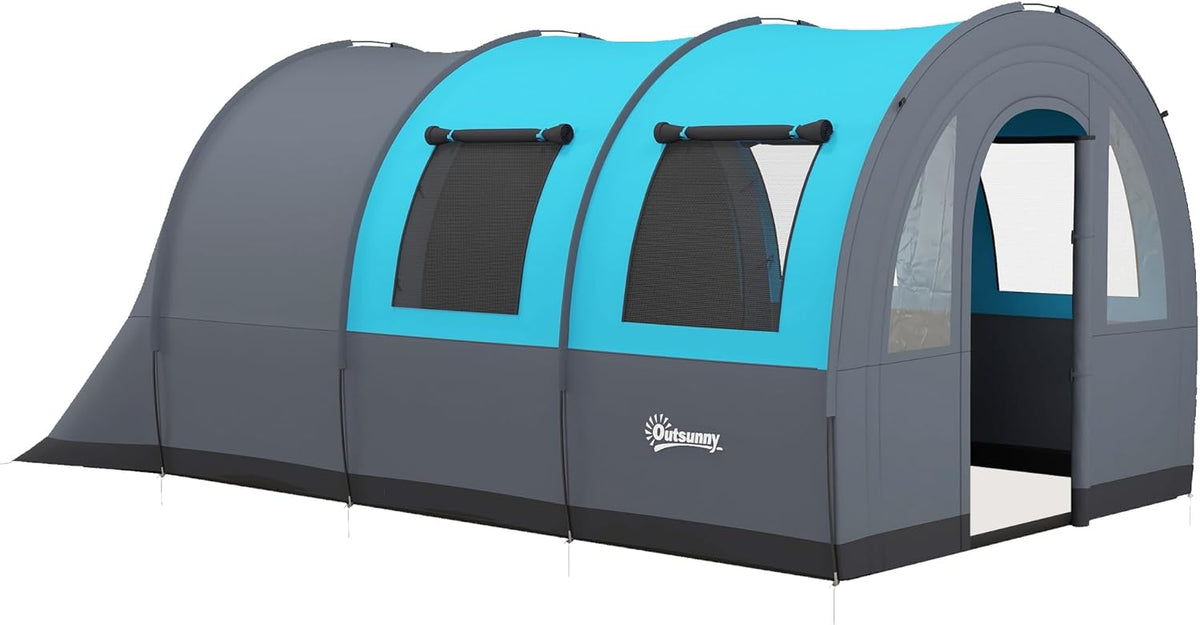 Tenda Outsunny da campeggio 480 x 260 x 200 cm grigio e blu - struttura a tunnel in poliestere - impermeabilità PU 3000 mm - con zona notte e zona giorno separate