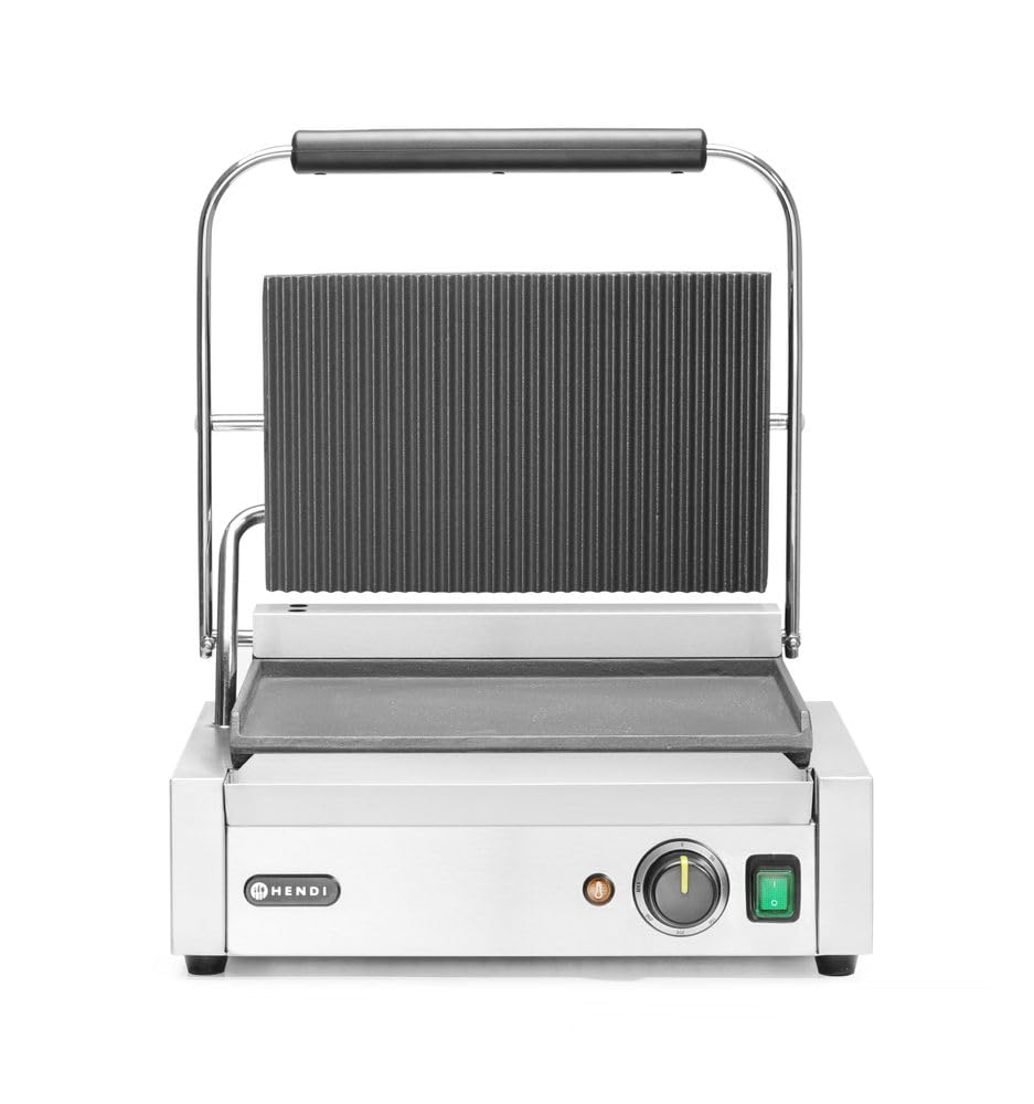 HENDI Piastra elettrica a contatto - Grill panini professionale 2200 W - Piastre liscia e rigata in ghisa smaltata - Acciaio inox 43 x 37.5 cm