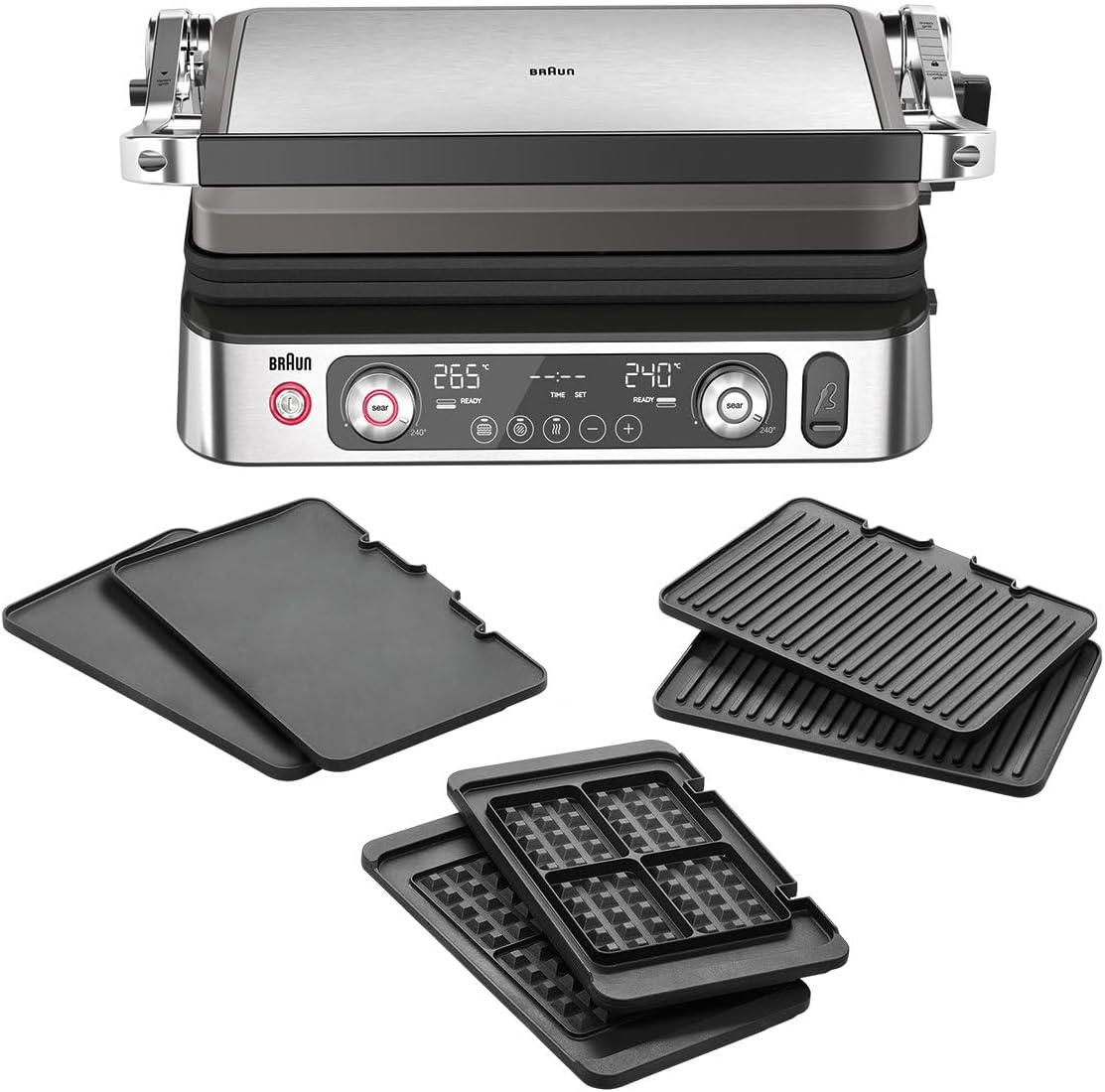 Braun MultiGrill 9 CG9167 - Griglia elettrica 2200 W - Due termostati e tre posizioni di cottura - Piastre griglia lisce waffle e funzione Boost