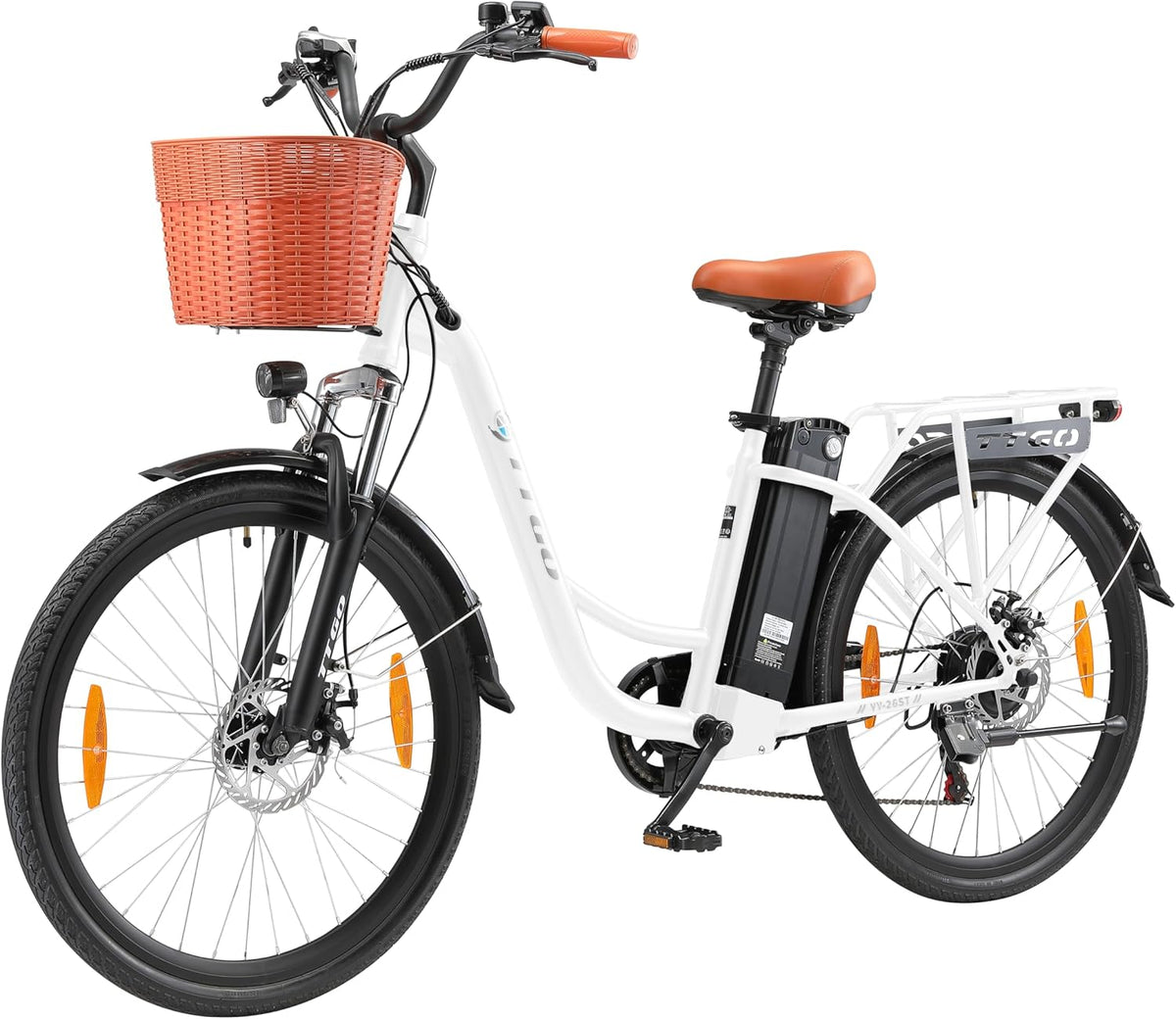 Bici elettrica ttgo C2 donna 26 pollici bianca - batteria removibile 36 V 14,5 Ah - autonomia fino a 100 km con display LCD - cambio 6 velocità e cestino da città