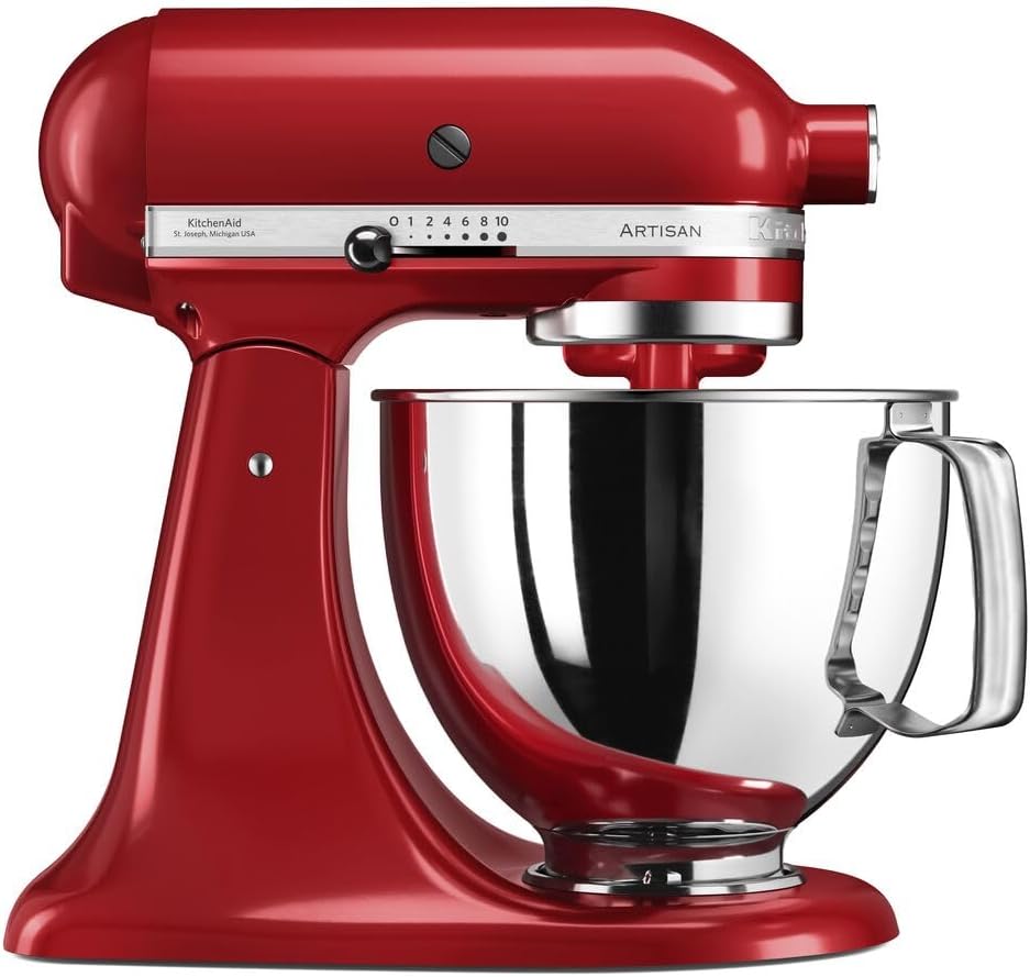 KitchenAid Artisan 5KSM125 EER - Impastatrice planetaria 300 W - Ciotola estraibile 4.8 L con 3 accessori - Testa inclinabile rosso imperiale