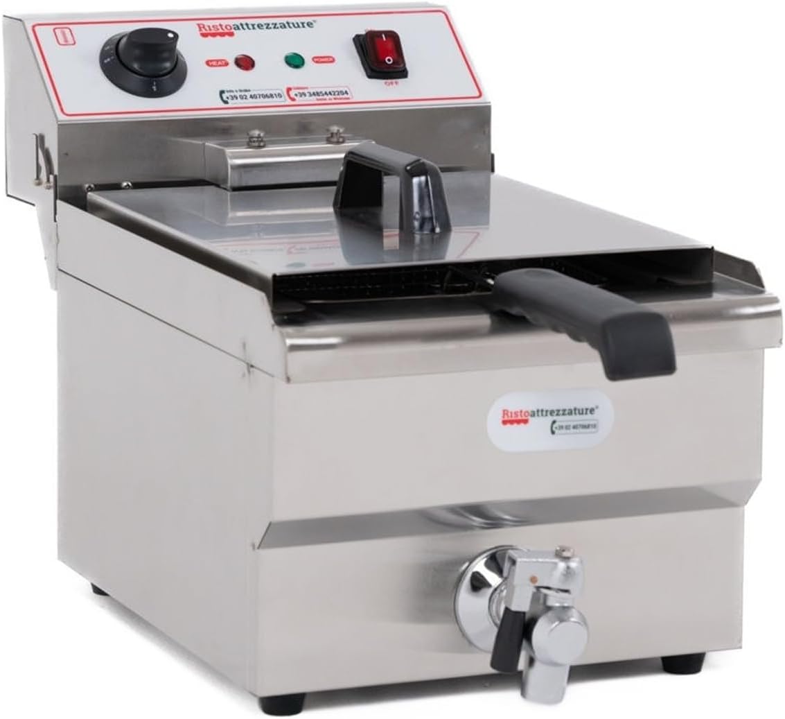 Ristoattrezzature Friggitrice professionale - Vasca singola 13 L con capacità olio 10 L - Potenza 5 kW a 220 V - Acciaio inox con rubinetto di scarico
