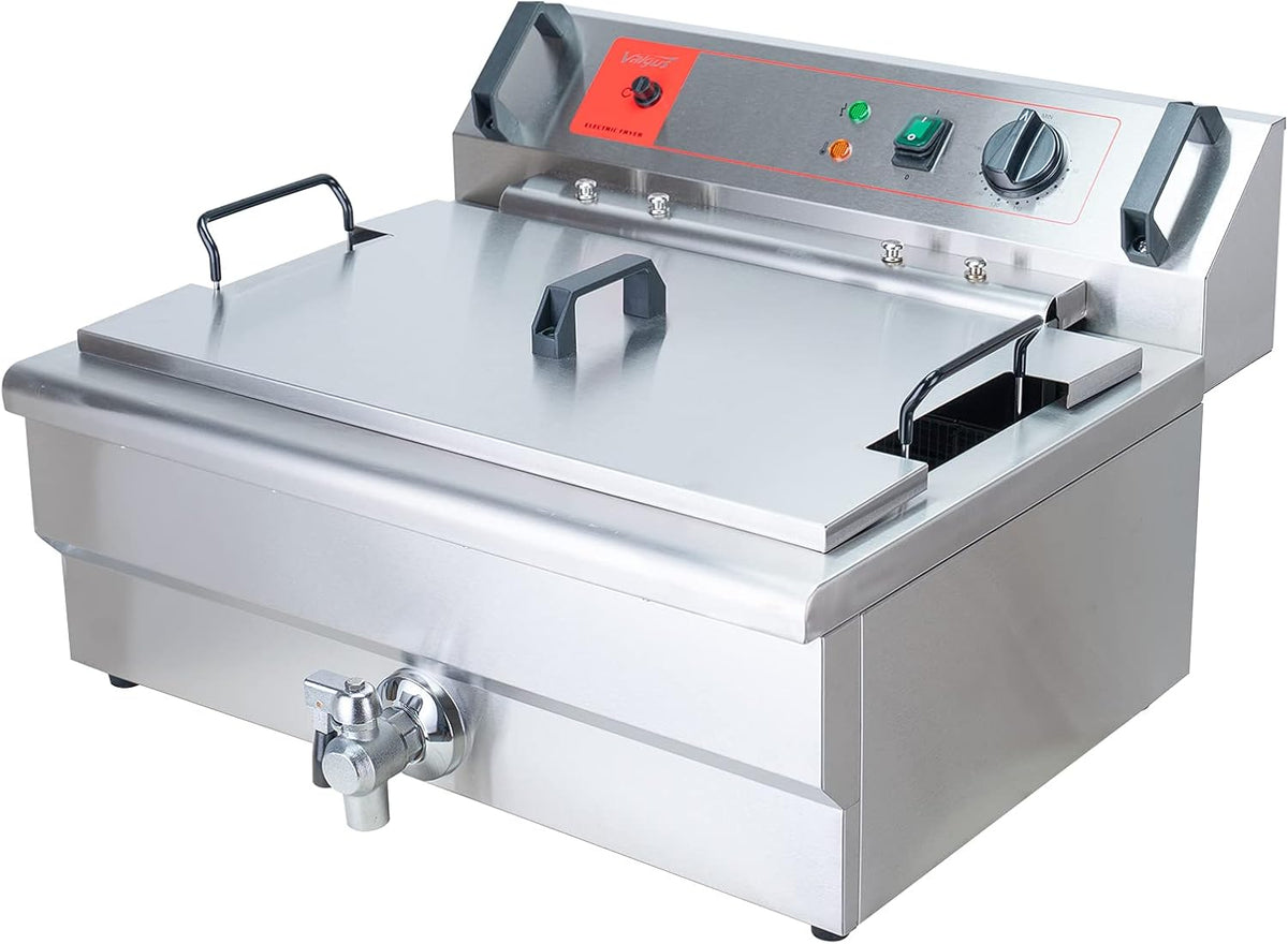 Valgus Friggitrice Elettrica Professionale 3000 W - Acciaio Inossidabile con Capacità 30 L - Serbatoio Olio 20 L - Cestello Coperchio e Sistema di Scarico