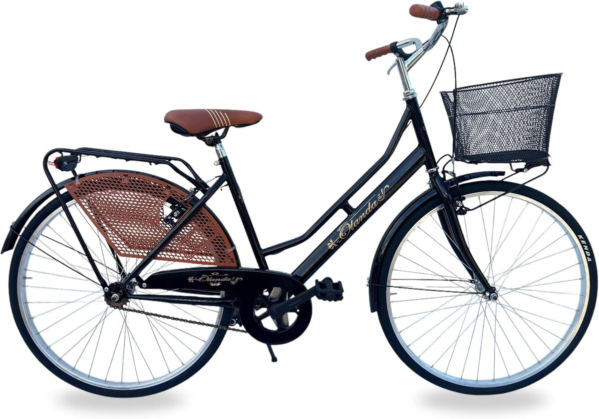 Bicicletta da città donna stile olandese - ruote 26 pollici e telaio in lega di acciaio - nera vintage retrò - con cestino portapacchi e parafanghi