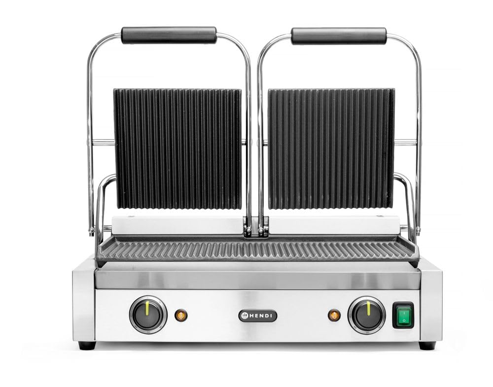 HENDI Piastra a Contatto Doppia - Grill Panini Professionale 3600 W in Acciaio Inox - Piastre Rigate in Ghisa Smaltata - Controllo Temperatura 230 V