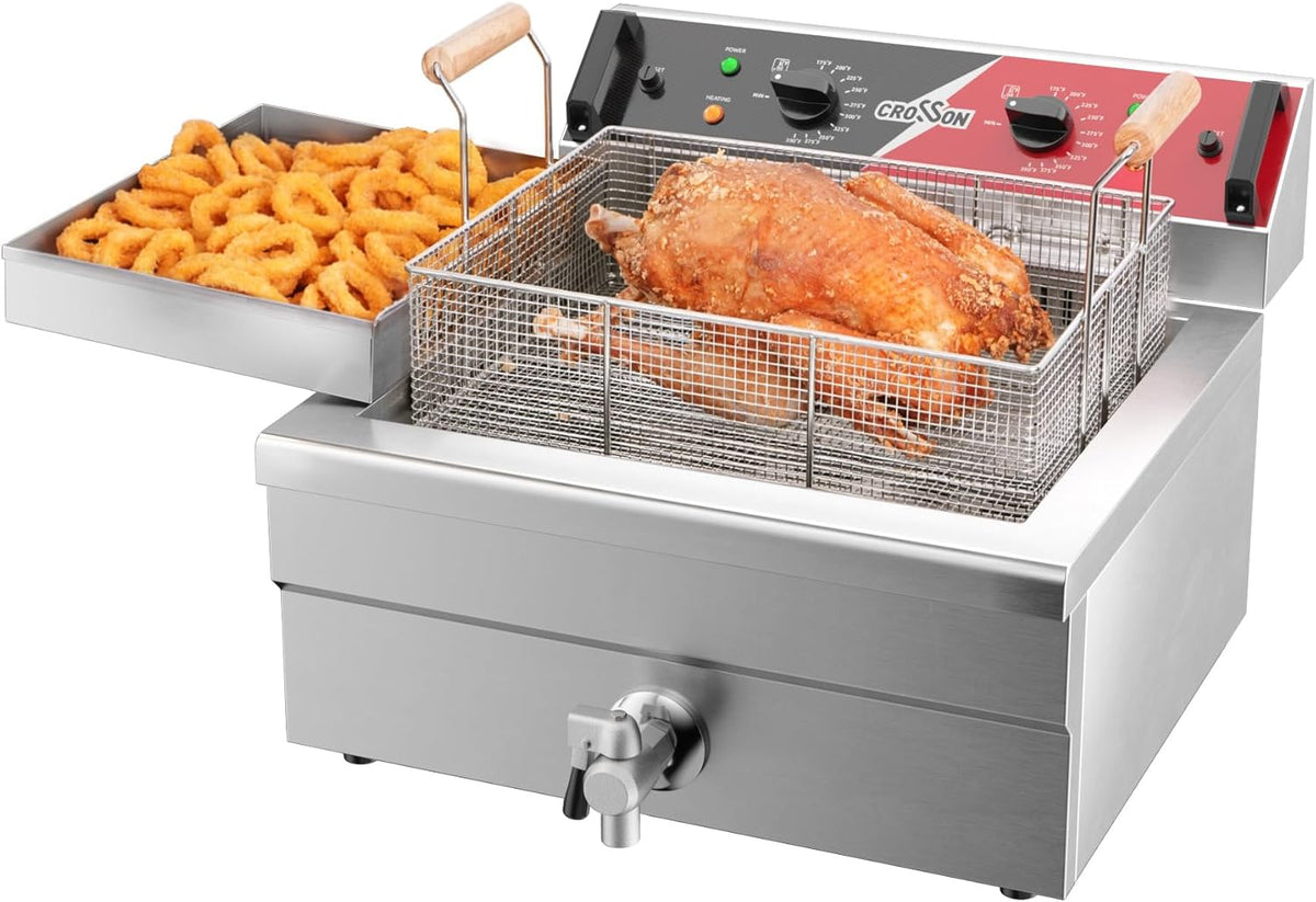 CROSSON Friggitrice elettrica commerciale - Vasca grande 12 L e potenza 6500 W - Acciaio inox con rubinetto di scarico - Tre cestelli per ristorazione
