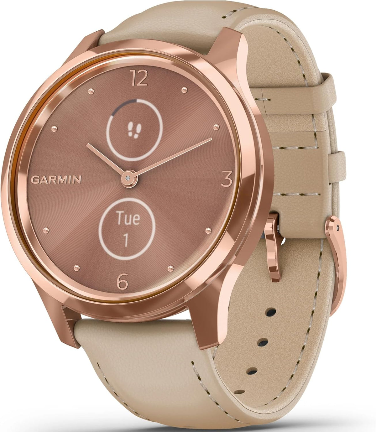 Garmin Vivomove - Smartwatch ibrido oro rosa - Lancette analogiche con touchscreen nascosto - Cinturino in pelle sabbia chiara e GPS tramite smartphone