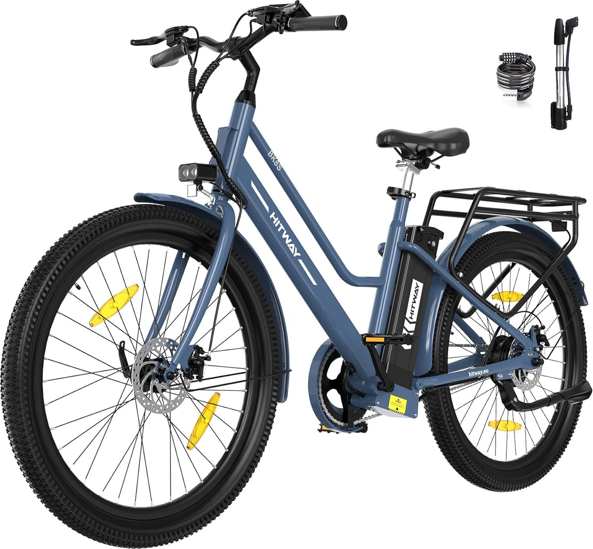Bici elettrica HITWAY per adulti blu - motore 250 W e batteria removibile 36 V 13 Ah - autonomia fino a 50 100 km con controllo APP - doppia sospensione e luci LED