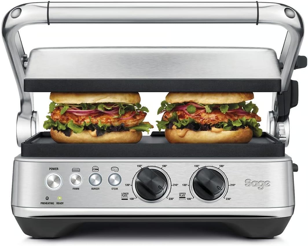 Sage The BBQ e Press Grill - Griglia Elettrica 1800 W in Acciaio Inox Spazzolato - Controllo Temperatura e Piastre Reversibili - Per Panini Hamburger e Bistecche