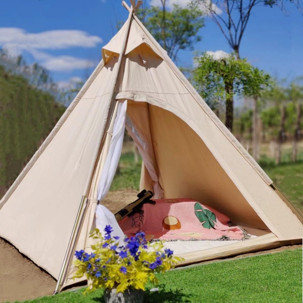 Tenda Tipi a piramide in tela 215 x 215 x 200 cm - struttura impermeabile 5000 mm per 3 stagioni - modello da 10,98 kg - con palo picchetti e borsa trasporto