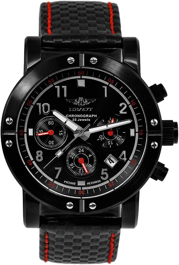 Poljot Pilot P Sports 43 S 31681 - Orologio sportivo meccanico a carica manuale - Cronografo con data cassa 43 mm - Cinturino sintetico nero 22 mm