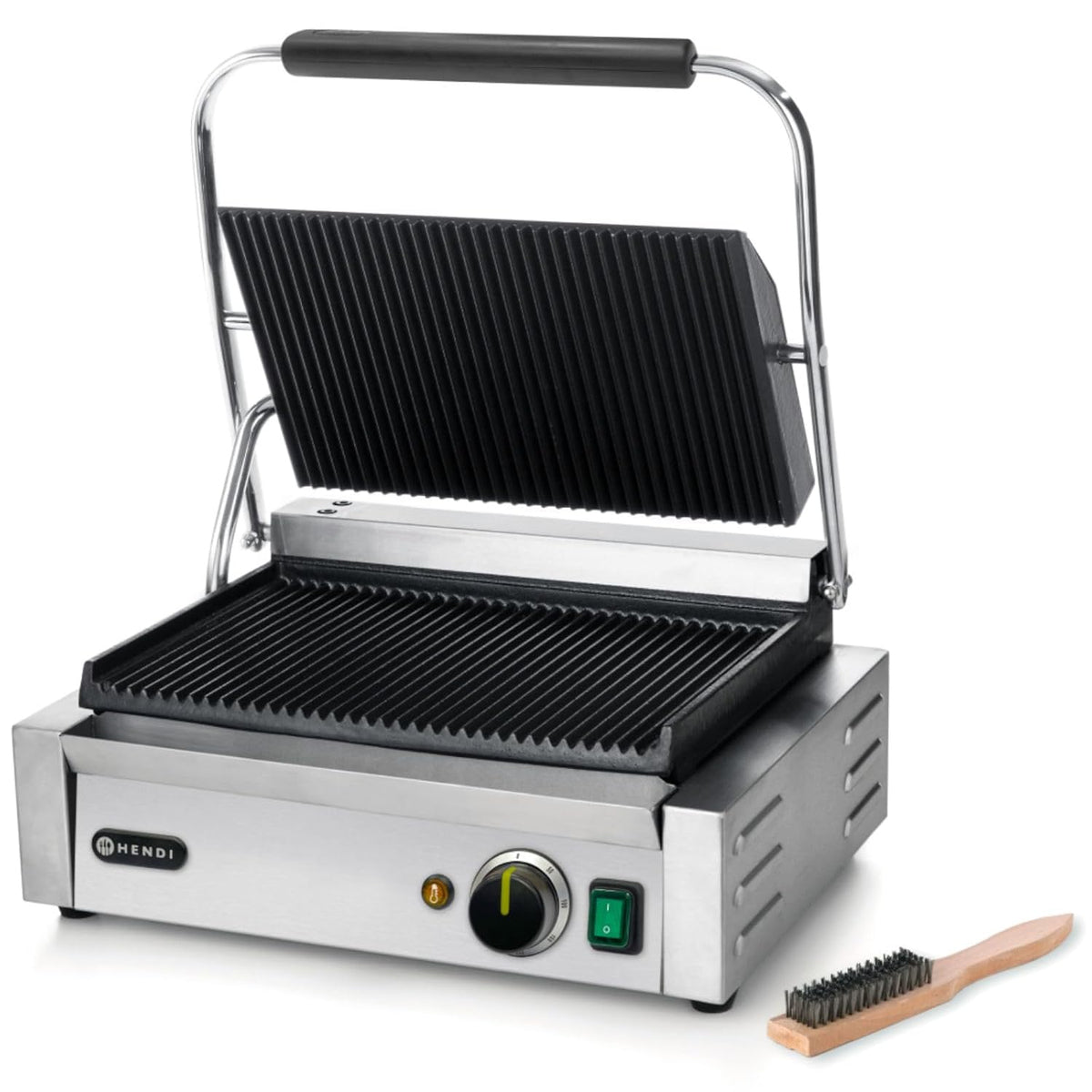 HENDI Piastra elettrica a contatto - Grill panini professionale 2200 W - Piastre rigate in ghisa smaltata - Acciaio inox 43 x 37.5 x 21.6 cm