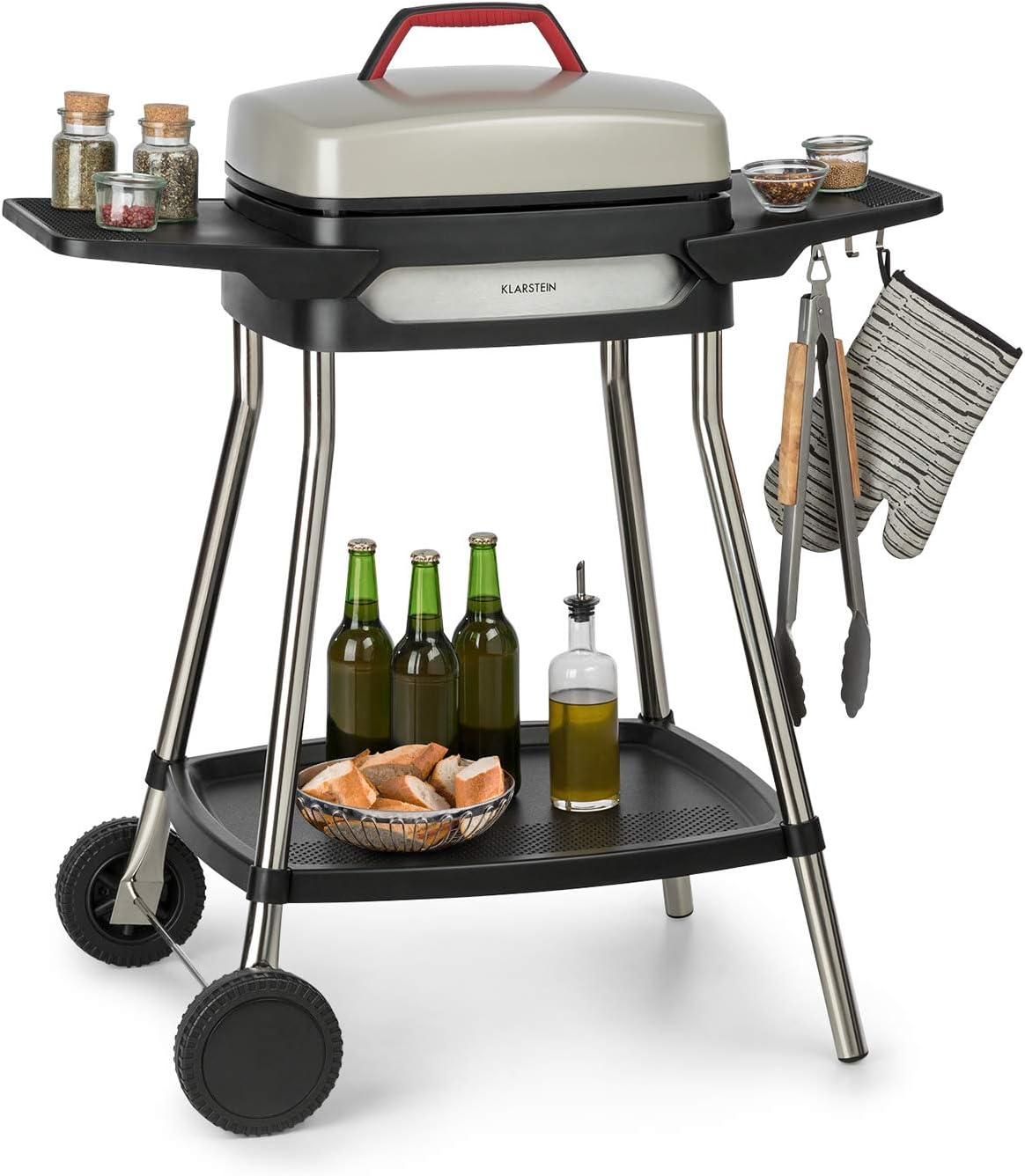 Klarstein Gatsby - Grill elettrico 2000 W - Piastra antiaderente 40 x 36 cm in alluminio pressofuso - Termostato ruote tavoli laterali beige nero