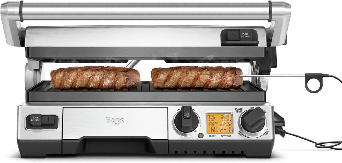 Sage The Smart Grill Pro - Griglia elettrica e barbecue 2400 W - Acciaio inox spazzolato - Piastre rimovibili con vassoio raccogli grasso