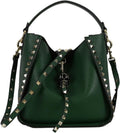 Borsa a secchiello donna con borchie - Vera pelle effetto litchi - Tracolla con rivetti - Fodera in cotone e chiusura con fibbia