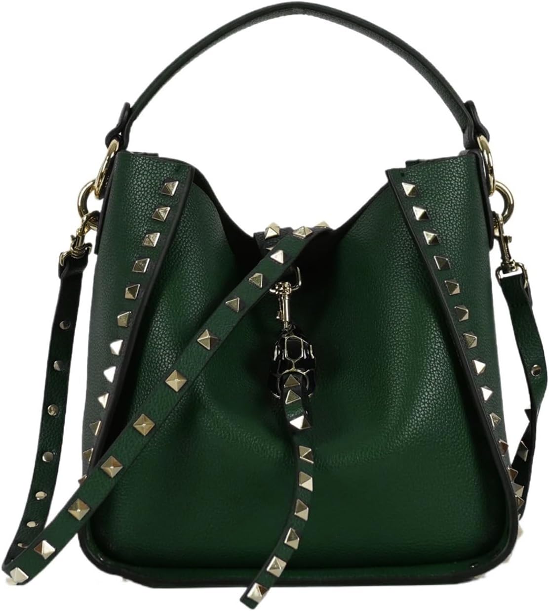 Borsa a secchiello donna con borchie - Vera pelle effetto litchi - Tracolla con rivetti - Fodera in cotone e chiusura con fibbia