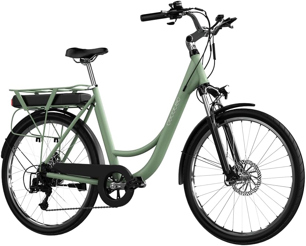 Bici elettrica Cecotec 28 pollici bianca - batteria estraibile con autonomia fino a 80 km - cambio Shimano 6 velocità - sospensione anteriore e freni a doppio disco