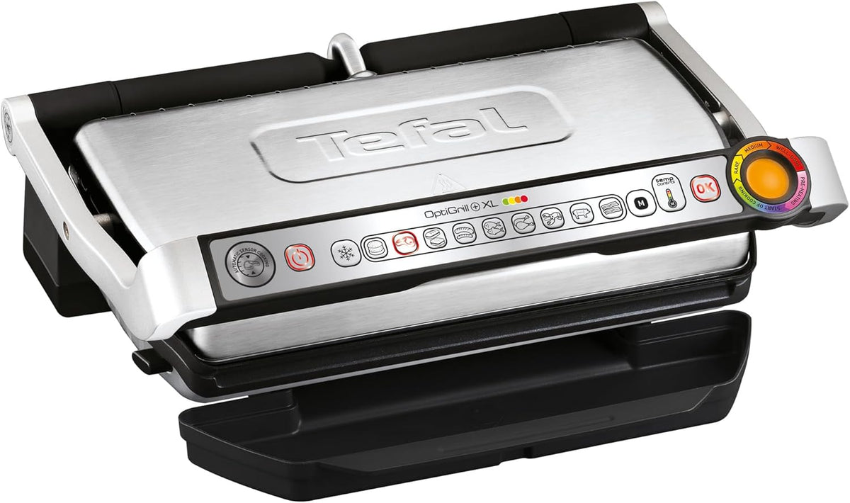 Tefal OptiGrill Plus XL GC724D12 - Griglia Elettrica 2000 W in Acciaio Inox - 9 Programmi e Modalità Manuale - Scongelamento e Piano Cottura XL