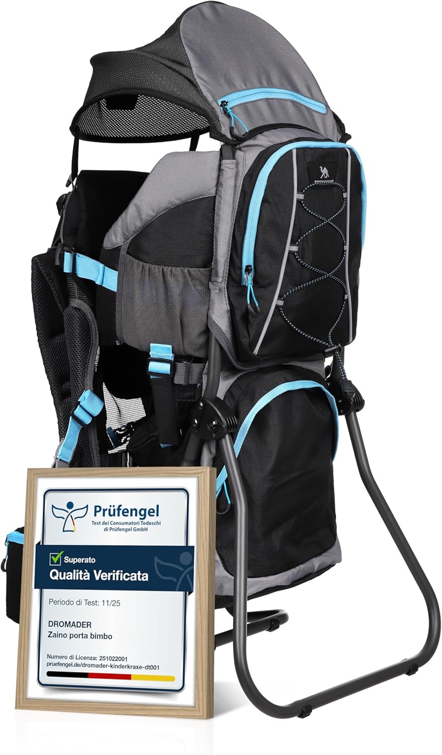 Zaino porta bambino DROMADER nero e blu fino a 22 kg - telaio in alluminio pieghevole - parasole parapioggia e materassino fasciatoio - per escursioni e montagna