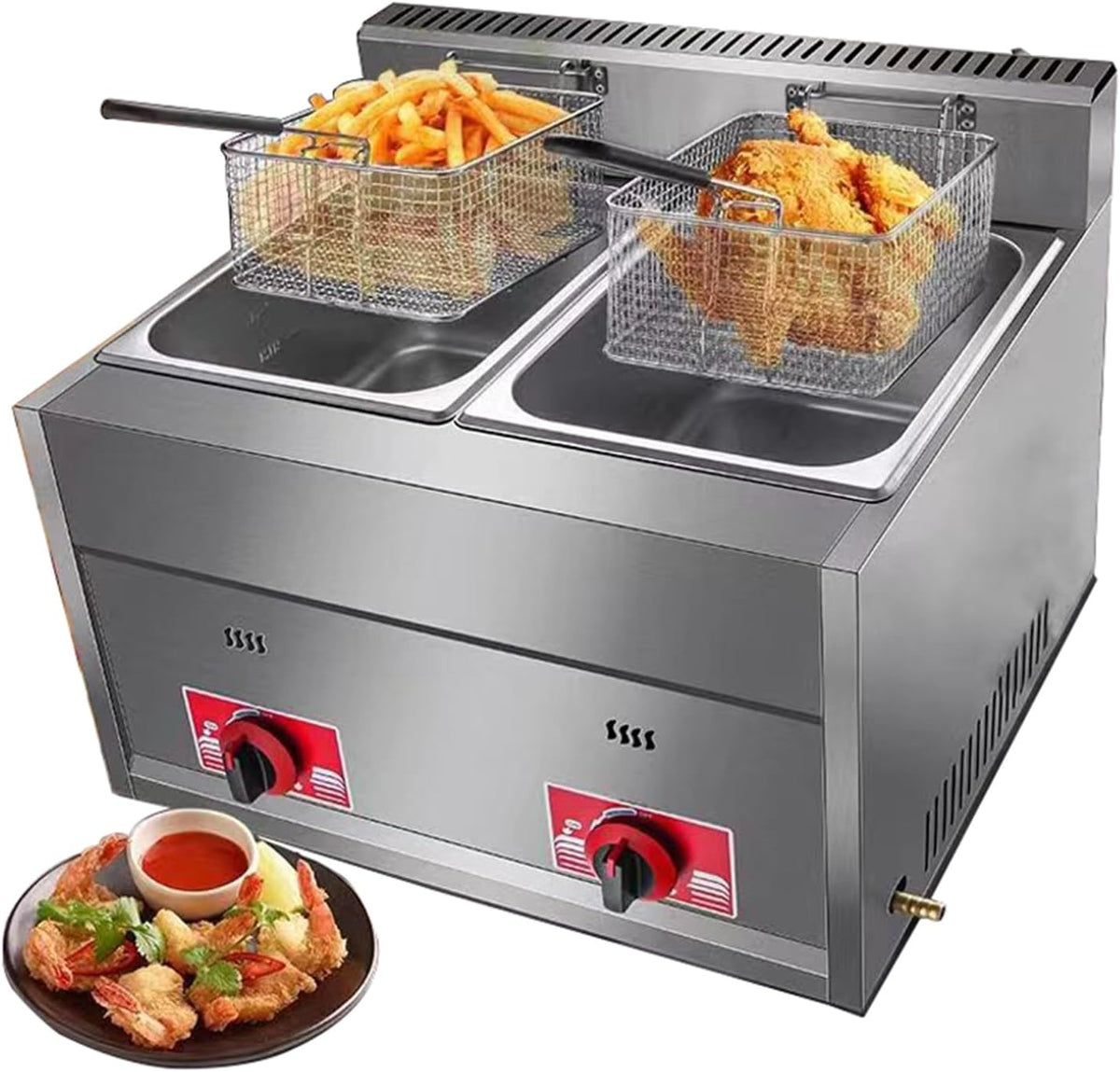 YARUQN Friggitrice professionale a gas - Doppio serbatoio 6 L più 6 L - Potenza 6.64 kW - Acciaio inox da banco per ristorazione