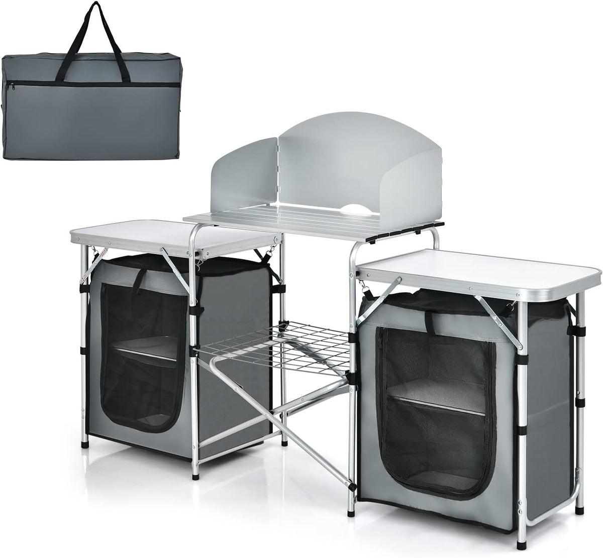 Tavolo cucina da campeggio 172 x 48 x 110 cm - parabrezza e armadio con ante in rete - struttura pieghevole - per barbecue picnic e feste outdoor