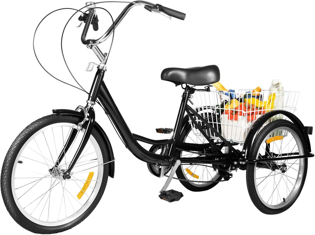Triciclo per adulti nero a 8 velocità - telaio in acciaio al carbonio con 3 ruote - sospensione posteriore e cestino per la spesa - freni anteriori e posteriori