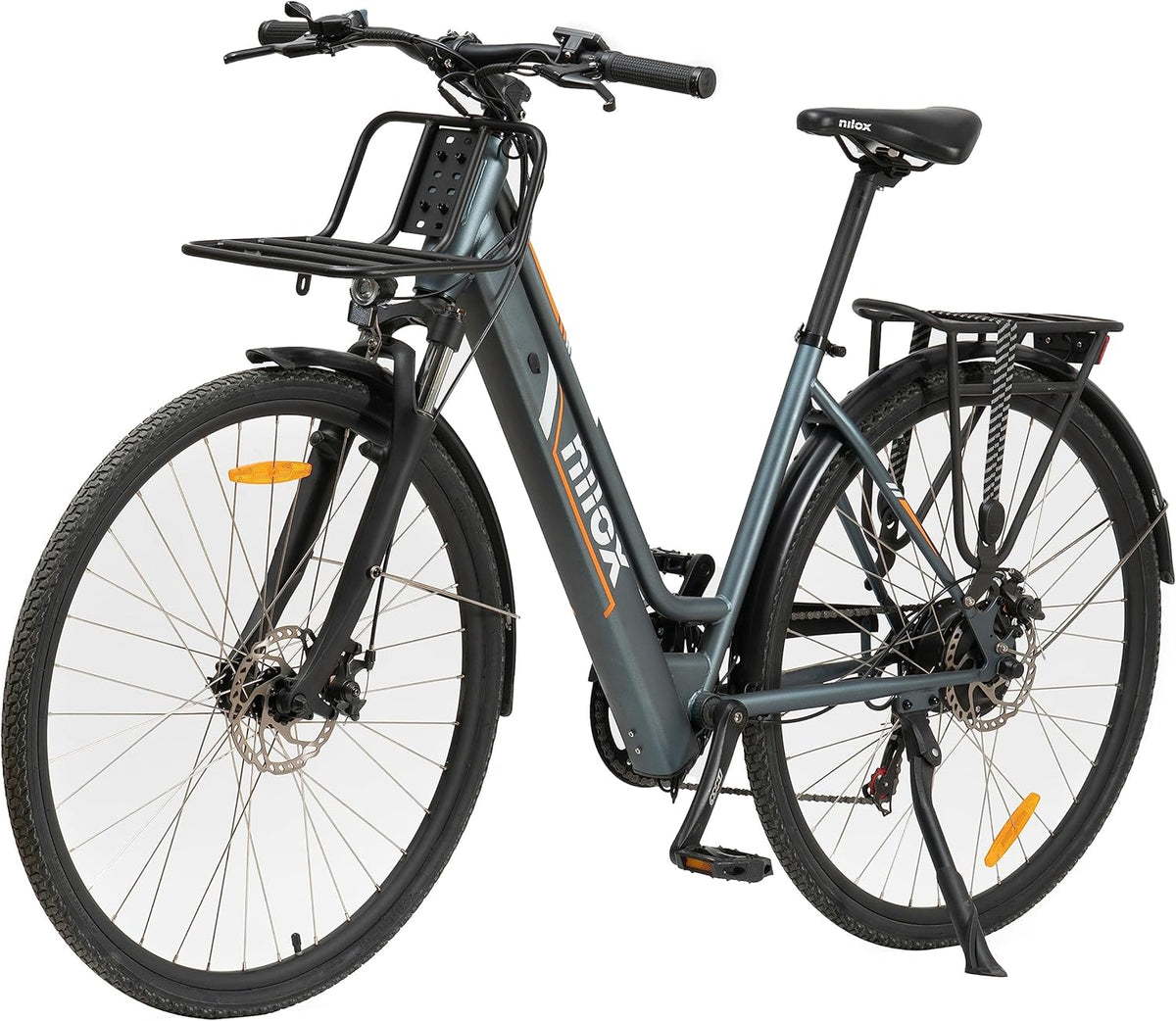 Bici elettrica cargo Nilox Cargo Mid grigia 28 pollici - motore BAFANG M400 250 W e batteria 468 Wh 13 Ah - autonomia fino a 60 km - carico 15 kg anteriore 50 kg posteriore