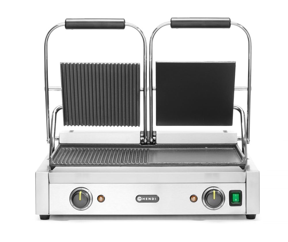 HENDI Piastra elettrica a contatto doppia - Grill panini professionale 3600 W - Piastre liscia e rigata in ghisa smaltata - Acciaio inox 57 x 37.5 x 21.6 cm