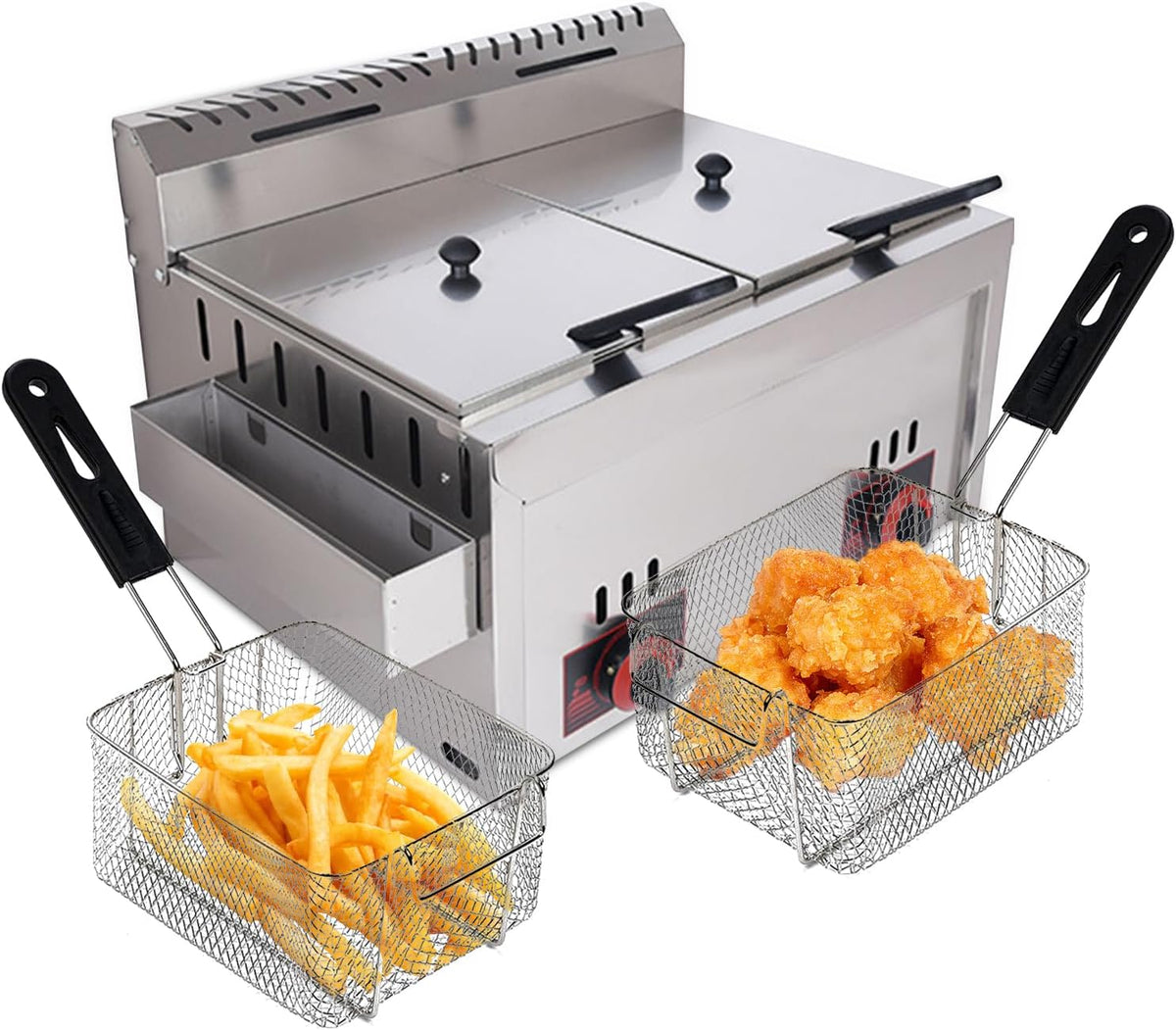 AvgnLxqe Friggitrice a gas professionale - Doppio cestello con 2 vasche da 6 L - Struttura in acciaio inox argento - Temperatura controllata per cucina e ristorazione